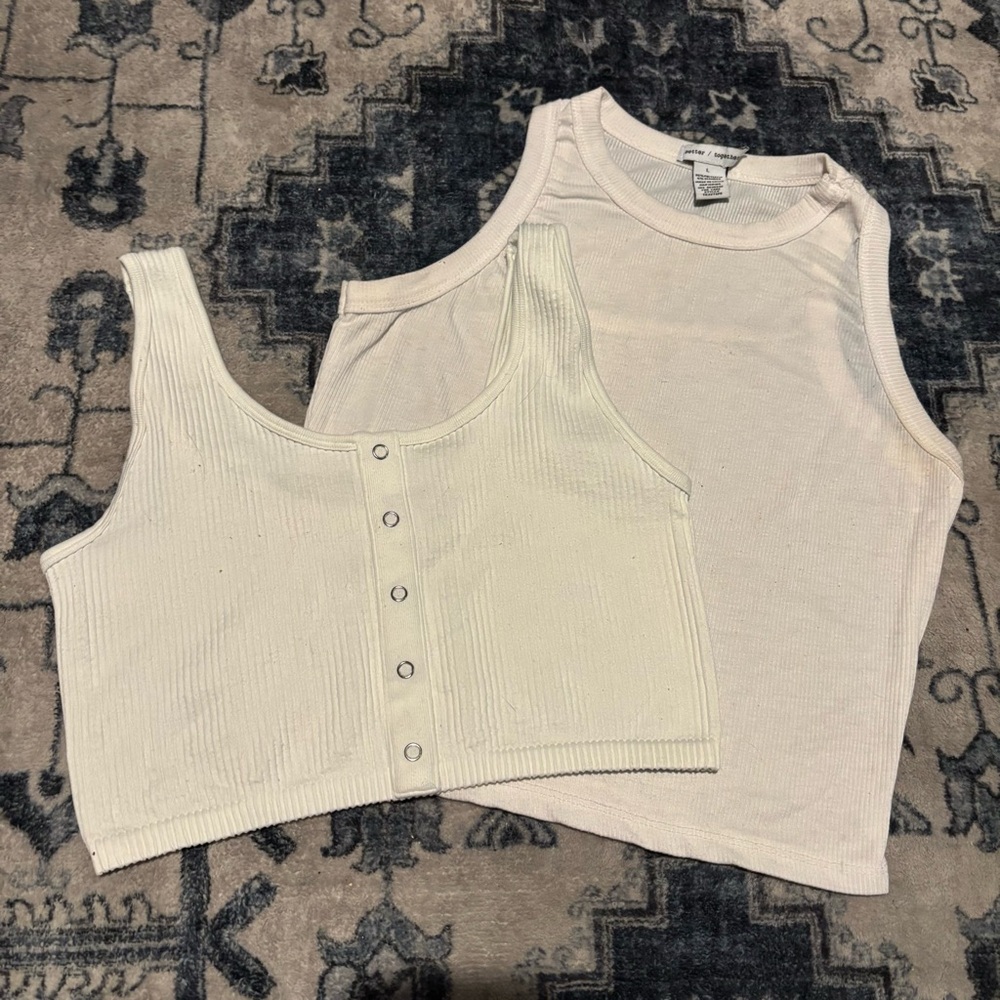BUNDLE OF TWO SUMMER BASIC WHITE RIBBED STRETCHY CROPPED TOP TANK TOP CAMI